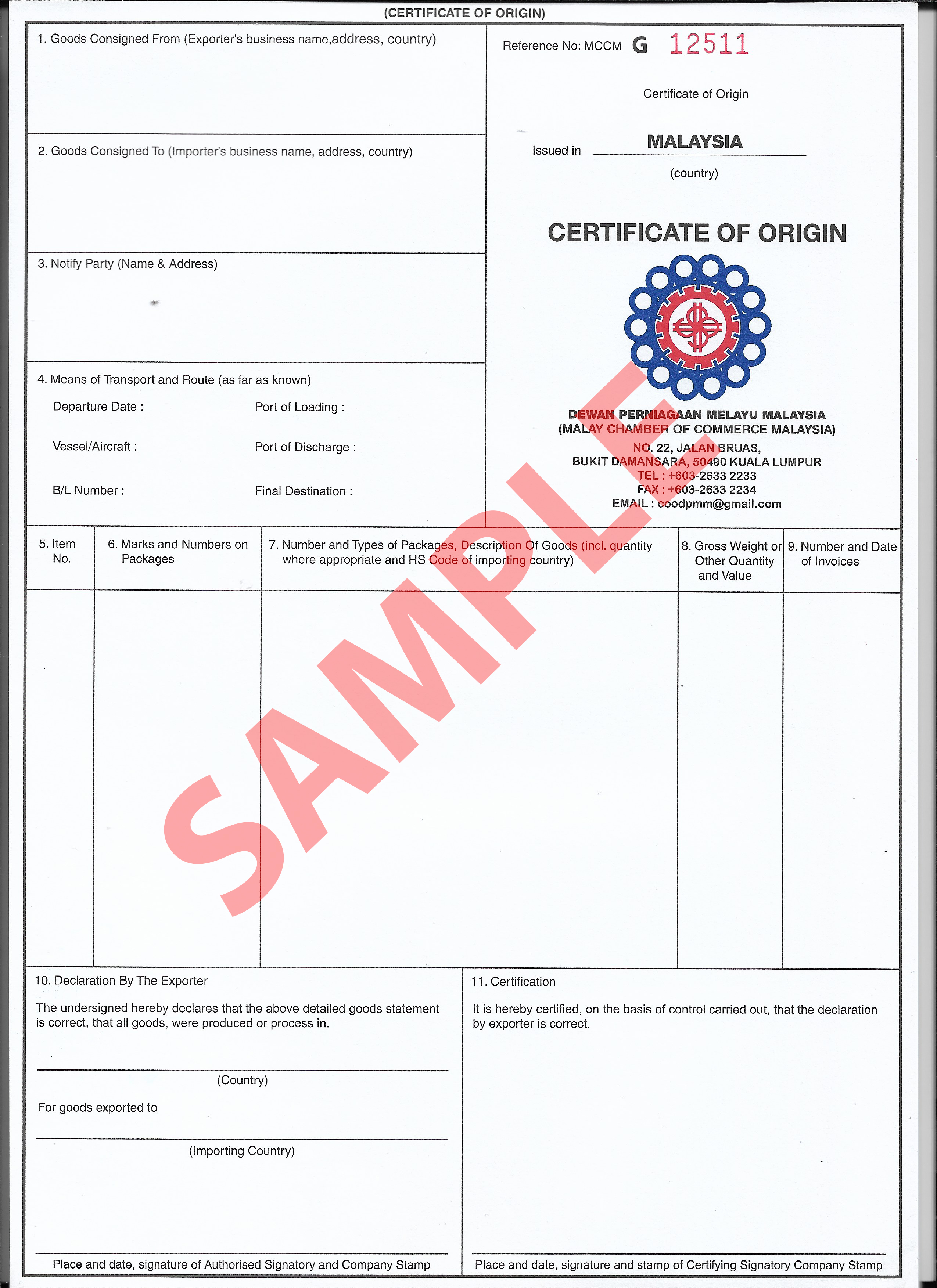 Certificate of Origin from Local Chamber of Commerce